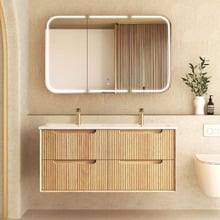 Byron Fluted 1200mm Woodland Oak Wall Hung Double Vanity with Ceramic Countertop